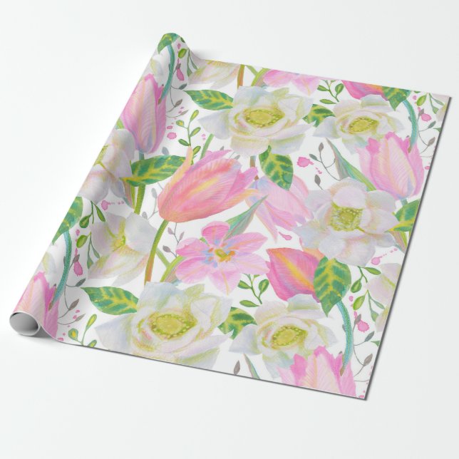 Papier Cadeau Aquarelle Tulipe rose Motif Floral Cadeau (Déroulé)