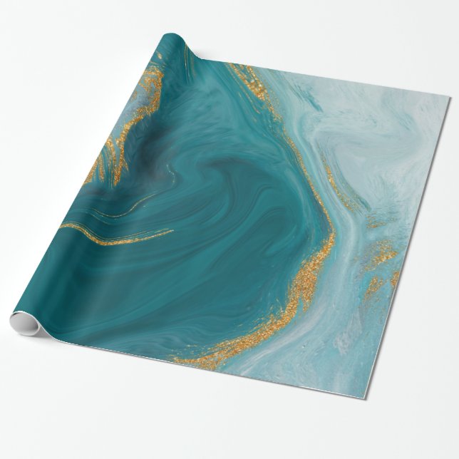 Papier Cadeau Aquarelle Turquoise et Géode d'or Faux (Déroulé)