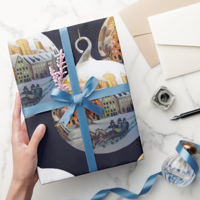 Papier Cadeau Aquarelle Vacances Scène de Noël Ornements | (Cadeaux)