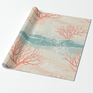 Papier Cadeau Aquarelle Vagues de Corail et Coquillages Côtiers