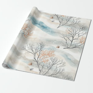 Papier Cadeau Aquarelle Vagues de Corail et de Coquillages Côtie