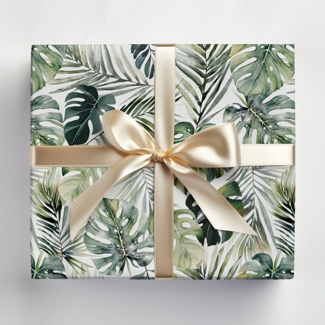 Papier Cadeau Aquarelle Vert Forêt tropicale Feuille Motif (In situ)