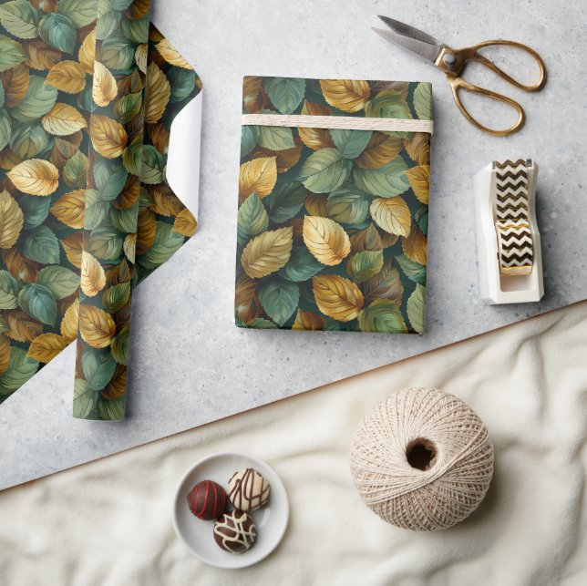 Papier Cadeau Aquarelle vert jaune orange feuilles (Artisanat)