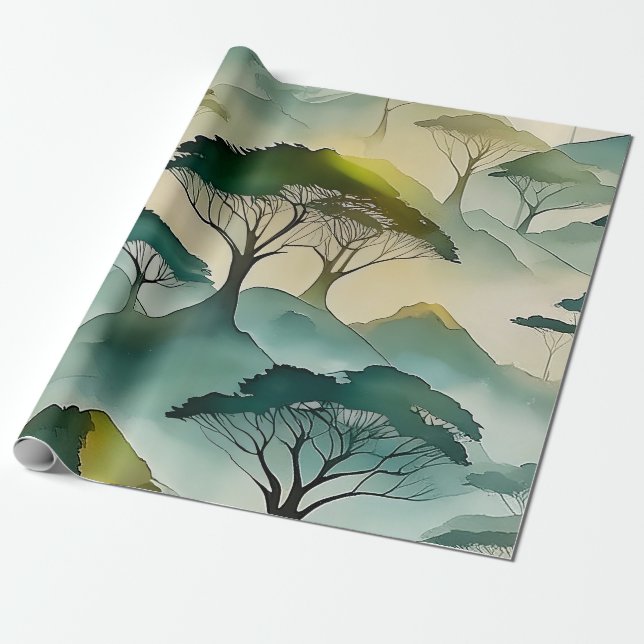 Papier Cadeau Aquarelle Verte Arbres À Thème Et Paysage De Colli (Déroulé)