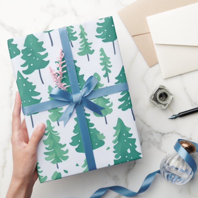 Papier Cadeau Aquarelle verte Arbres Motif de Noël (Cadeaux)
