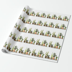 Papier Cadeau Aquarelle verte Cactus : Pots tirés à la main