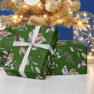 Papier Cadeau Aquarelle verte d'hiver Robin vert
