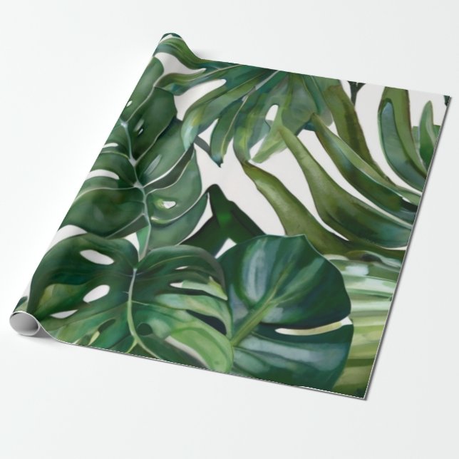Papier Cadeau Aquarelle verte Feuilles tropicaux (Déroulé)
