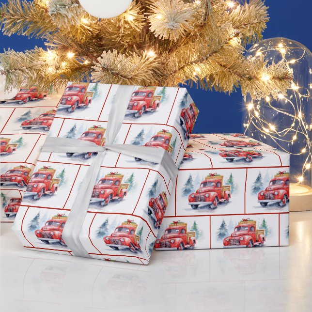 Papier Cadeau Aquarelle Vieux Camion Rouge En Neige (Vacances)