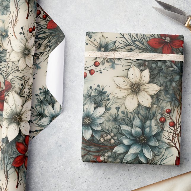 Papier Cadeau Aquarelle vintage Florale Poinsettia (Créateur téléchargé)