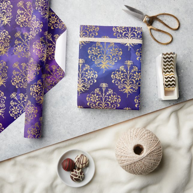Papier Cadeau Aquarelle violet Motif avec Gold Damask (Artisanat)