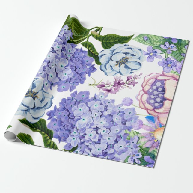 Papier Cadeau Aquarelle violet, rose, Fleurs de jardin bleues (Déroulé)