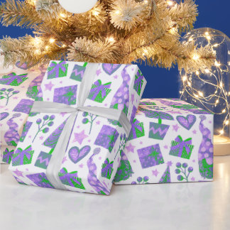 Papier Cadeau Aquarelle violet vert Festive Gnomes Noël