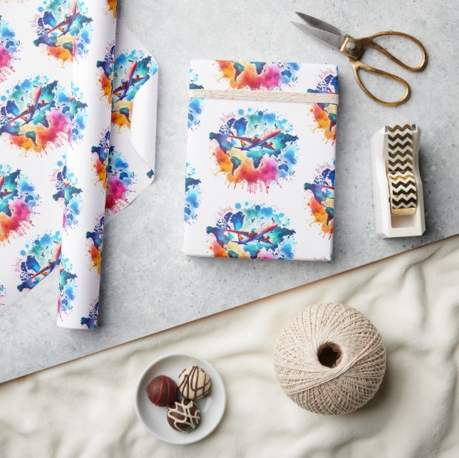 Papier Cadeau Aquarelle Voyageons dans le monde (Artisanat)