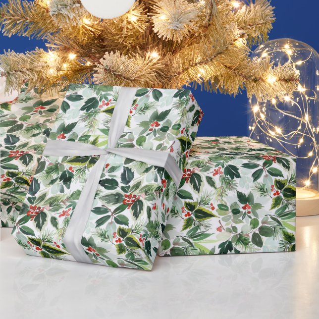 Papier Cadeau Aquarelle Winterberry Varié Feuille Noël (Vacances)