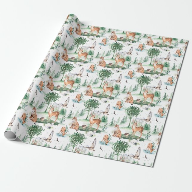 Papier Cadeau Aquarelle Woodland Baby Motif animal (Déroulé)