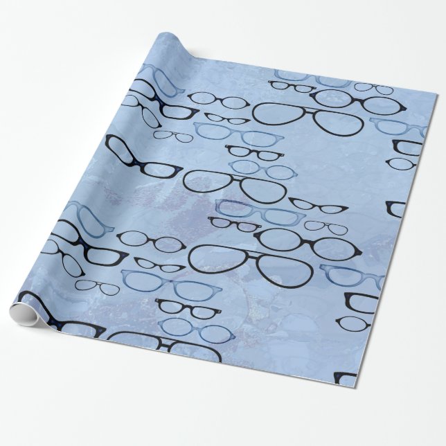 Papier Cadeau Aquarelles bleues Eyeglass encadrements Papier d'e (Déroulé)