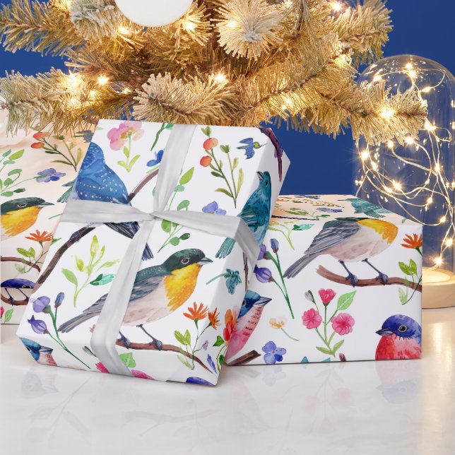 Papier Cadeau Aquarelles colorées oiseaux et fleurs motif (Vacances)