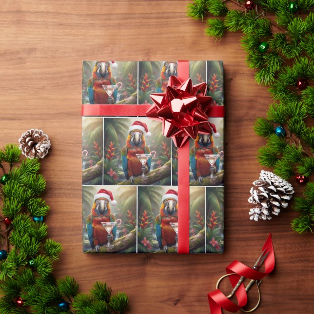 Papier Cadeau Ara perroquet de Noël avec cocktail Martini (Cadeau de vacances)