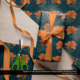 Papier Cadeau Araignées et Lys Éffrayant Halloween Motif Vintage