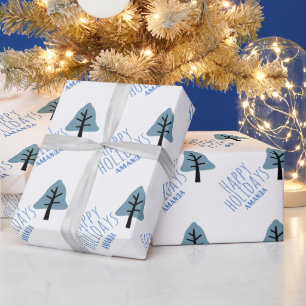 Papier Cadeau Arbre de Bonbons Bleu Pastel Cloche Joyeuses Fêtes