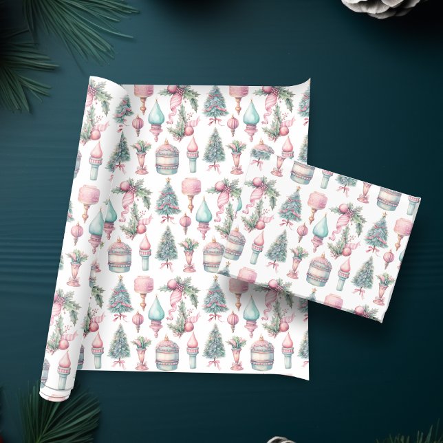 Papier Cadeau Arbre de Noël à la menthe rose (Pink Mint Christmas Tree Ornaments Wrapping Paper)