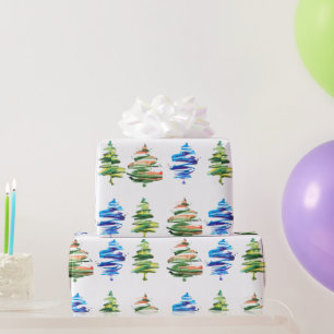 Papier Cadeau Arbre de Noël à l'aquarelle, art abstrait coloré