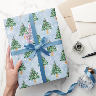 Papier Cadeau Arbre de Noël à l'aquarelle Flocons de neige Hiver