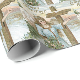 Papier Cadeau Arbre de Noël ange croix hiver cottage