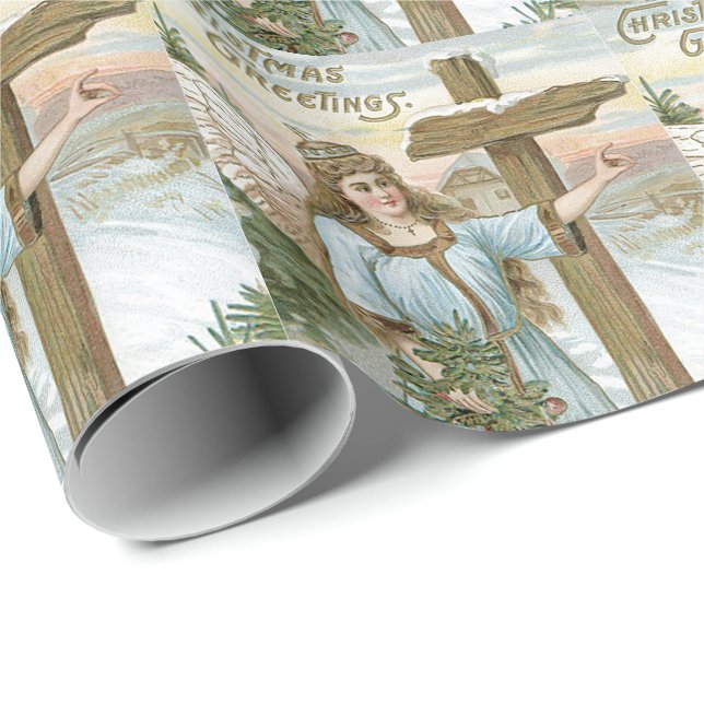 Papier Cadeau Arbre de Noël ange croix hiver cottage (Coin rond)