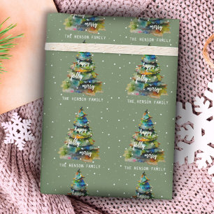 Papier Cadeau Arbre de Noël Aquarelle Joyeux Joli Heureux