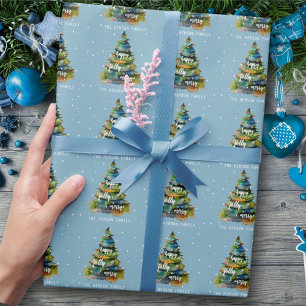 Papier Cadeau Arbre de Noël Aquarelle Joyeux Joli Heureux Bleu