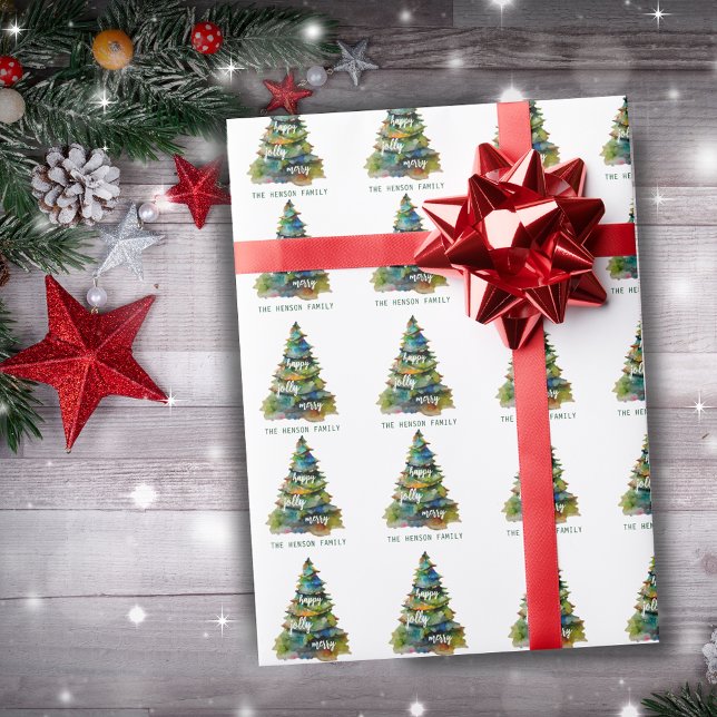 Papier Cadeau Arbre de Noël Aquarelle Joyeux Jolly Happy (Créateur téléchargé)