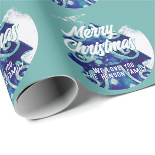 Papier Cadeau Arbre de Noël Artistique Bleu Joyeux Script