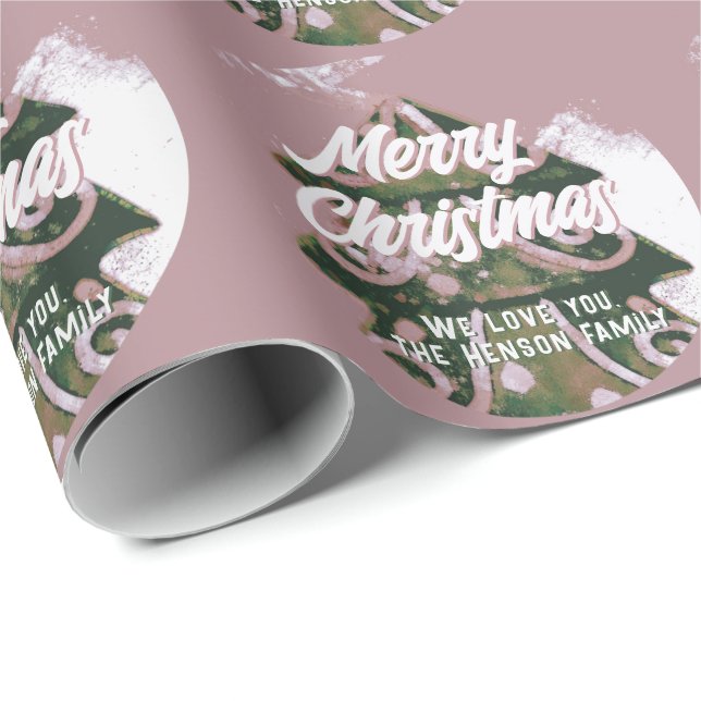 Papier Cadeau Arbre de Noël Artistique Vert Rose Joyeux Script (Coin rond)