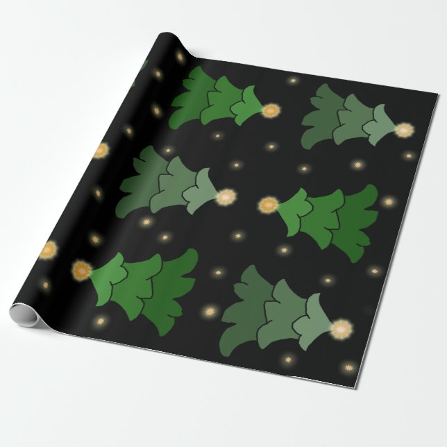 Papier Cadeau Arbre de Noël avec étoiles en noir (Déroulé)