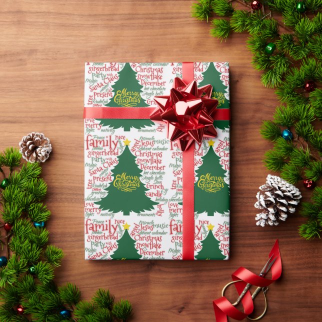 Papier Cadeau Arbre de Noël avec mots de Noël (Cadeau de vacances)