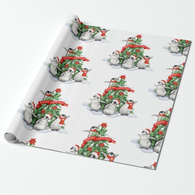 Papier Cadeau Arbre de Noël avec pingouins Noël (Déroulé)