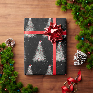 Papier Cadeau Arbre de Noël blanc avec chapeau de Père Noël