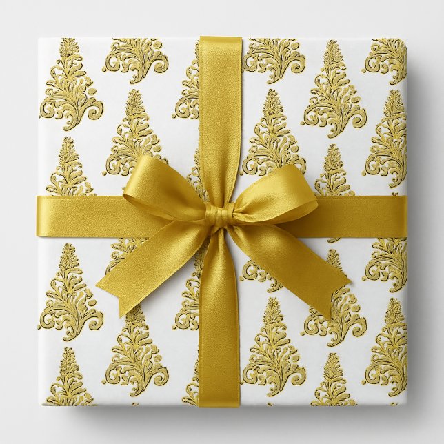 Papier Cadeau Arbre de Noël blanc et or élégant (Elegant gold and white Christma wrapping paper)