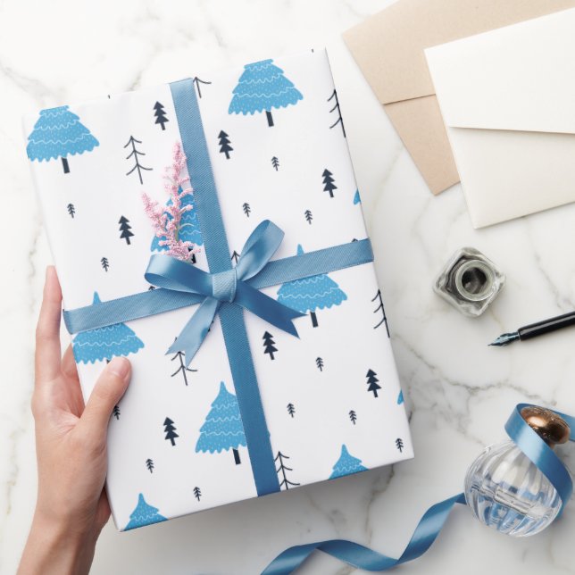 Papier Cadeau Arbre de Noël bleu à motif (Cadeaux)