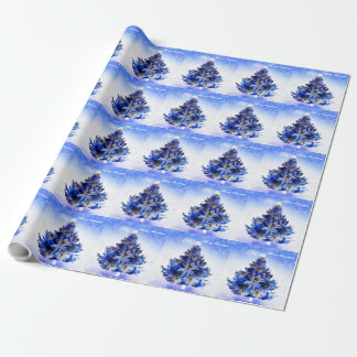 Papier Cadeau Arbre de Noël bleu décoré