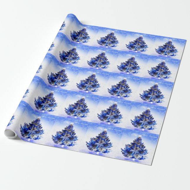 Papier Cadeau Arbre de Noël bleu décoré sur mesure (Déroulé)
