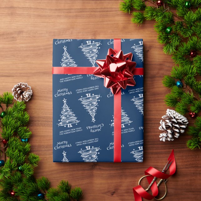 Papier Cadeau Arbre de Noël Bleu et Blanc Vacances (Cadeau de vacances)