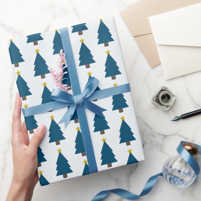 Papier Cadeau Arbre de Noël bleu et étoile d'or (Cadeaux)