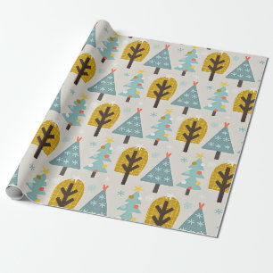 Papier Cadeau Arbre de Noël bleu gris jaune Motif