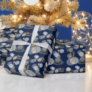 Papier Cadeau Arbre de Noël bleu marine et or