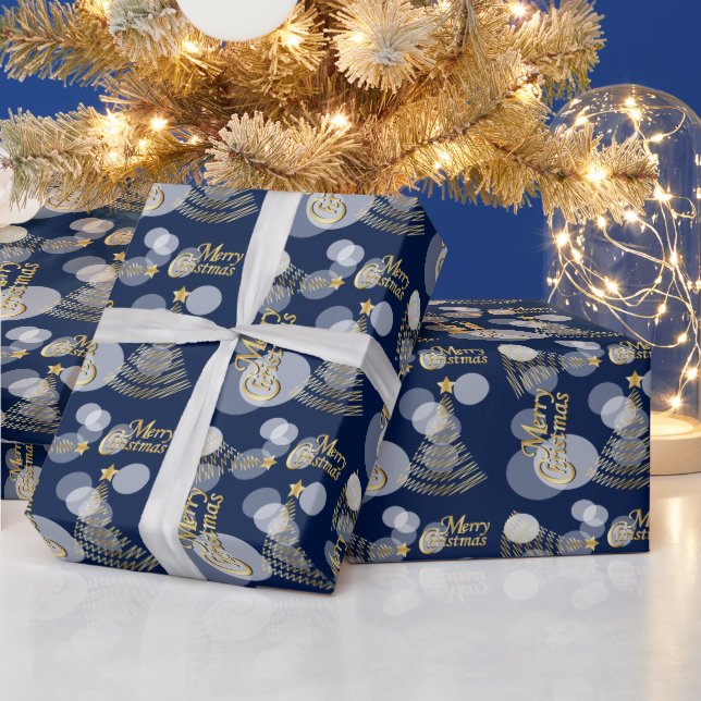 Papier Cadeau Arbre de Noël bleu marine et or (Vacances)