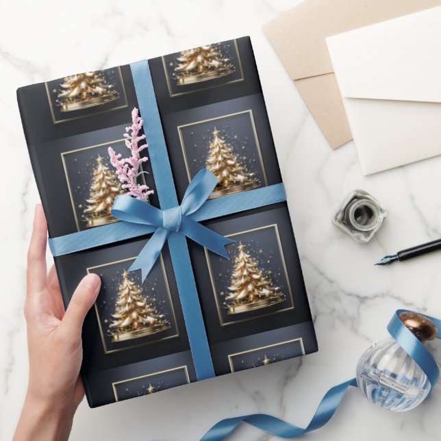 Papier Cadeau Arbre de Noël bleu or modèle sans couture Noël (Cadeaux)