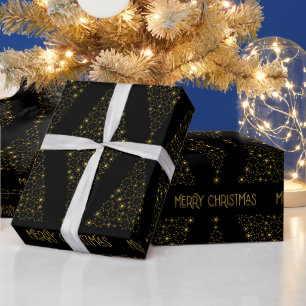 Papier Cadeau Arbre de Noël élégant en pin avec feuille d'or noi